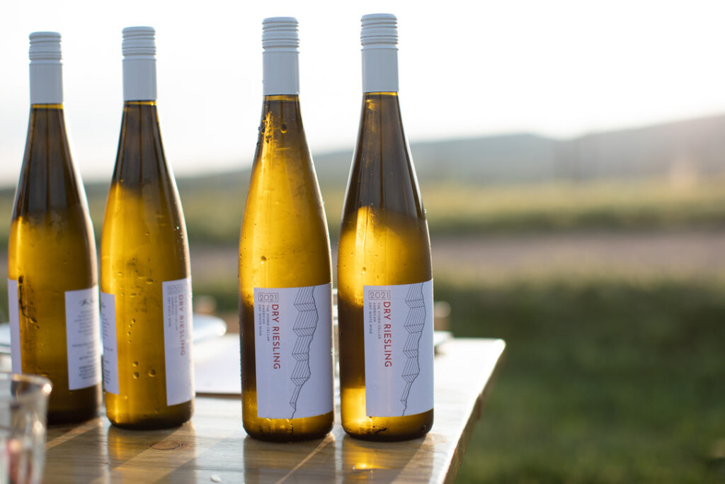 Four bottles of Dry Riesling sitting atop a wooden table with sunshine shining through.